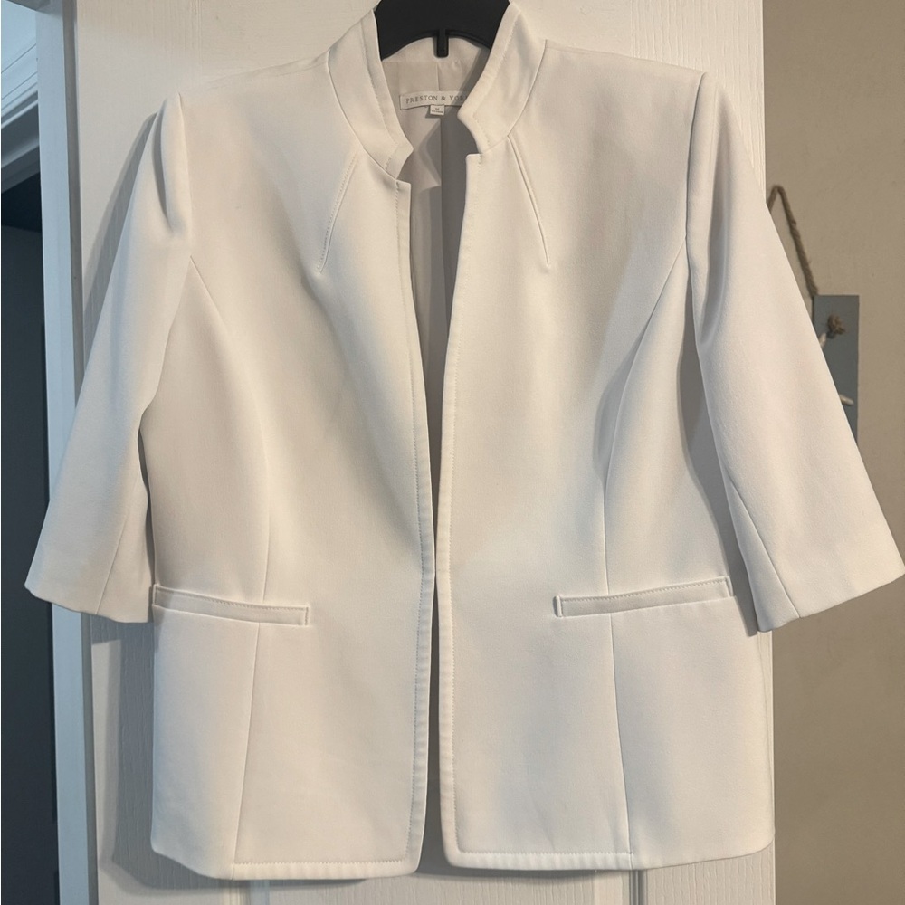 Preston & York White Sz 16 Elsa Stretch Crepe 3/4 Sleeve Mandarin Collar Blazer